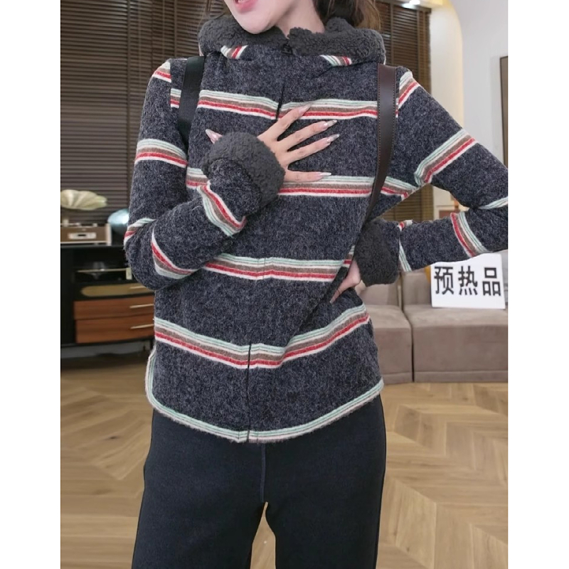 High-end striped rabbit fur hooded cardigan sweater jacket for women 2024 autumn large size fat mm casual long-sleeved top