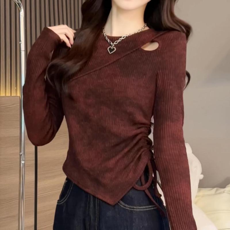Large size fashionable small hollow tie-dye waist slim fit long-sleeved top