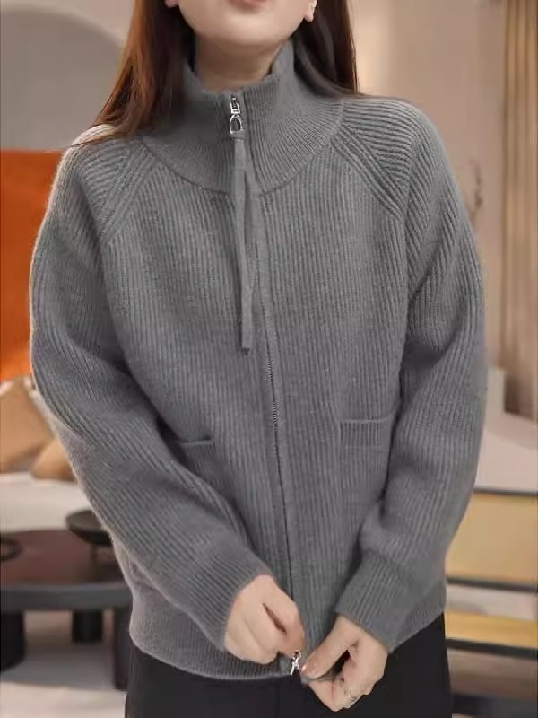 Stand collar zipper long-sleeved sweater autumn and winter 2024 new large size fat mm lazy style loose sweater cardigan jacket