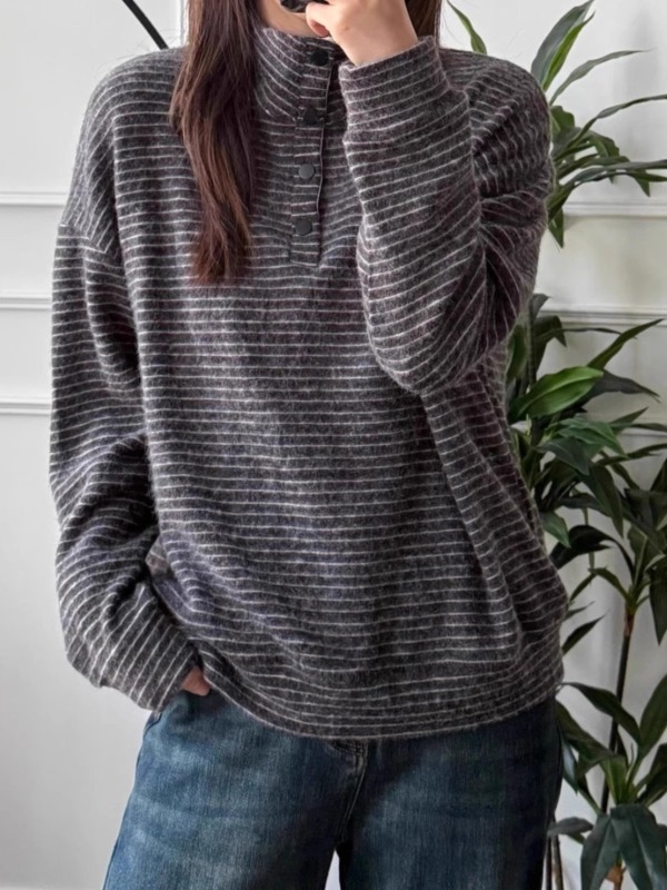 Large size stand-up collar striped velvet thickened long-sleeved top women's autumn and winter design niche loose and slim pullover sweatshirt