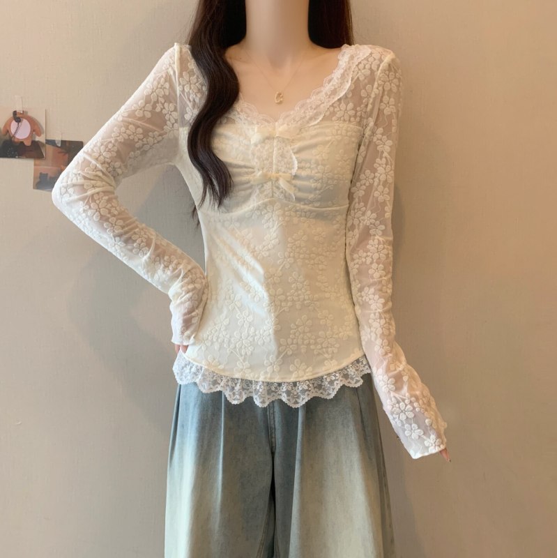 Plus size women's pure lust lace bow V-neck T-shirt sweet hot girl wears a unique and beautiful top