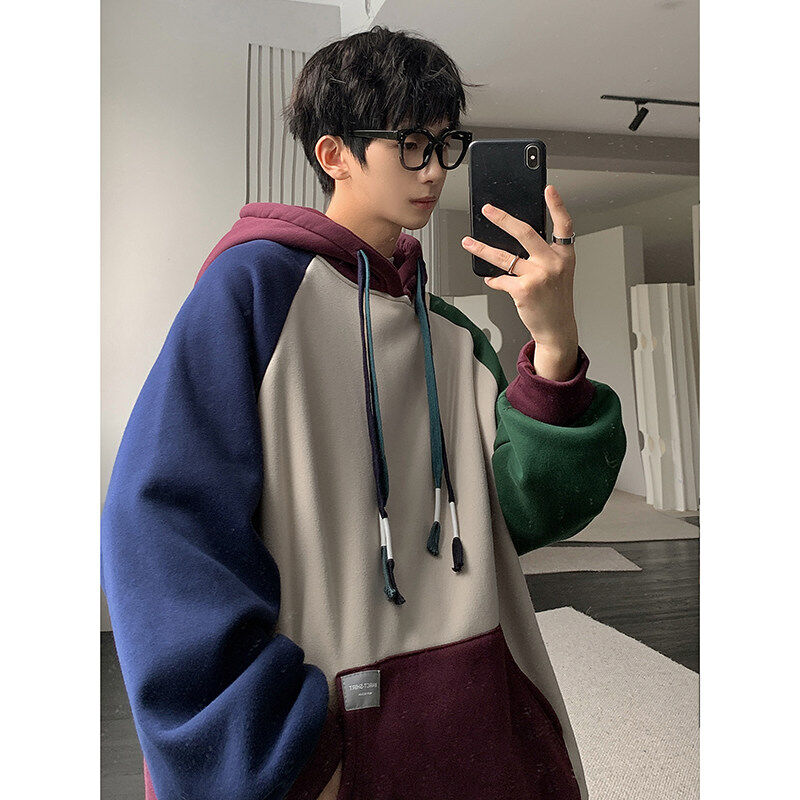 Couple cityboy color-blocked raglan sleeve hooded sweatshirt autumn student lazy style top