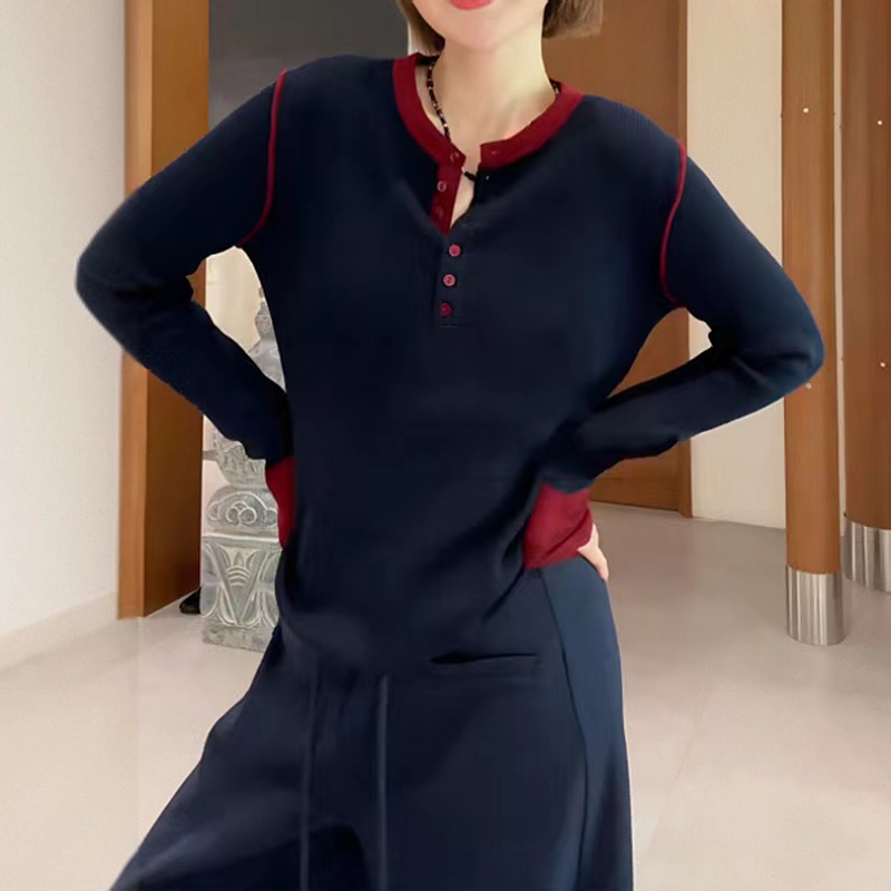 Large size pure cotton design contrasting color long-sleeved women's early autumn new slightly chubby mm belly-covering slimming inner bottoming shirt top