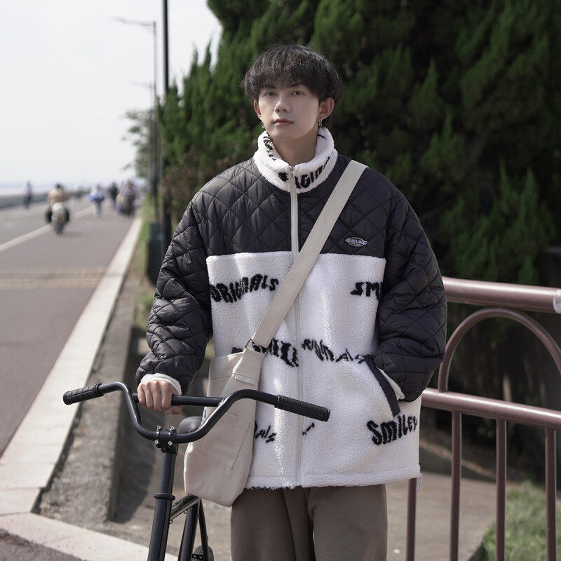 High-quality Cityboy lambswool spliced ​​diamond check loose thickened cotton jacket