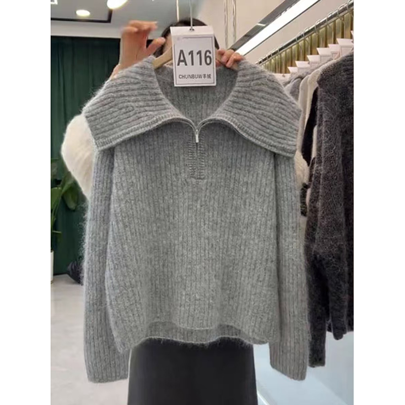 Lazy lapel loose sweater sweater for women 2024 winter new large size fat mm European long-sleeved top for outer wear