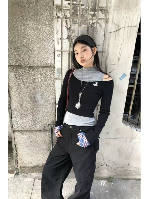 Plus size fat girl Korean style patchwork sweater autumn and winter new slim design bottoming shirt two-piece set