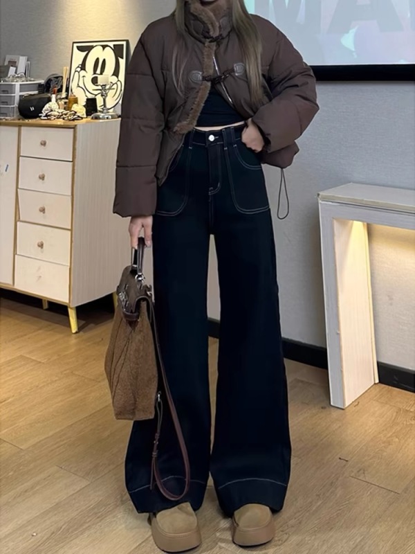 Korean style pear-shaped figure fat mm large size wide leg jeans for women autumn and winter black loose slimming straight floor-length trousers