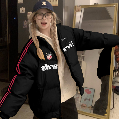 American retro high street striped sleeve cotton coat women's stand collar loose cotton jacket winter bread coat