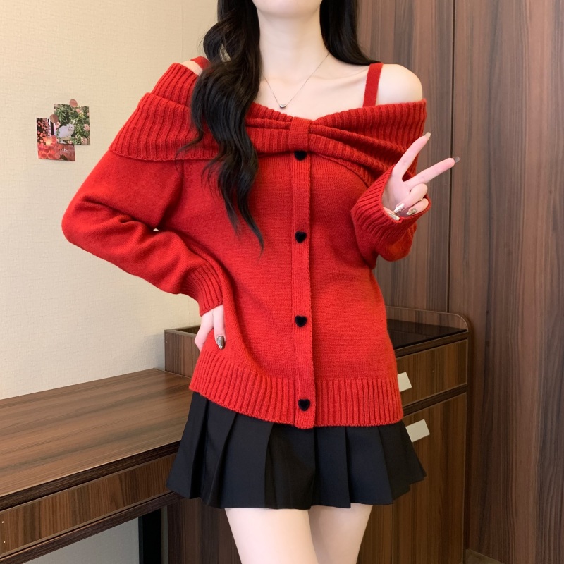 New 2024 chic design off-shoulder sweater New Year and Christmas red sweater to cover fat mm top