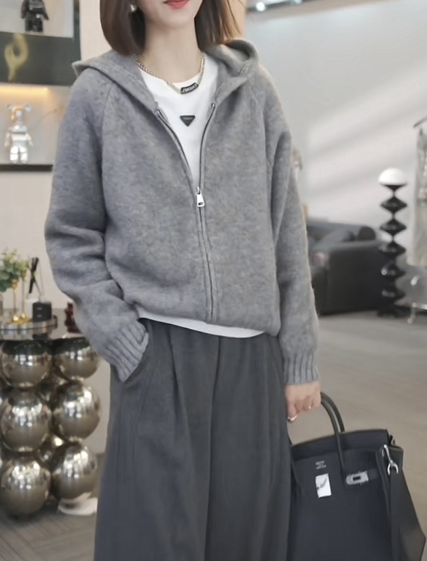 Spot Gentle Breast Fufu Lazy Loose Hooded Sweater Women's Autumn and Winter New Style Short Knitted Cardigan