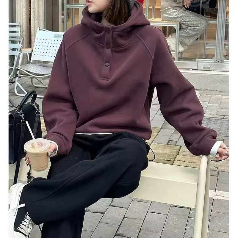 American half open collar hooded velvet sweatshirt for women autumn and winter 2024 new large size fat mm loose age-reducing long-sleeved top