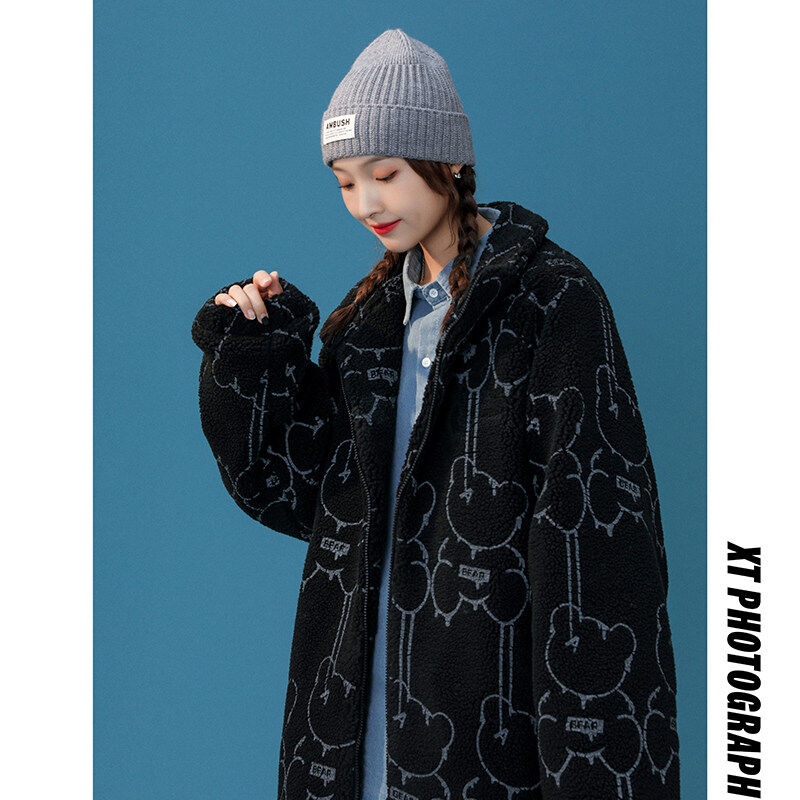 Lamb wool printed cotton coat trendy brand unisex high school student Hong Kong style loose jacket