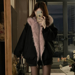 Black retro reversible fur coat for women 2024 winter new high-end warm hooded top