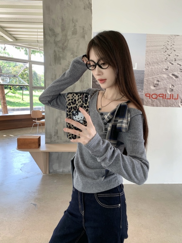 Large size gray irregular bow off-shoulder sweater women's niche slim fit long-sleeved bottoming shirt top