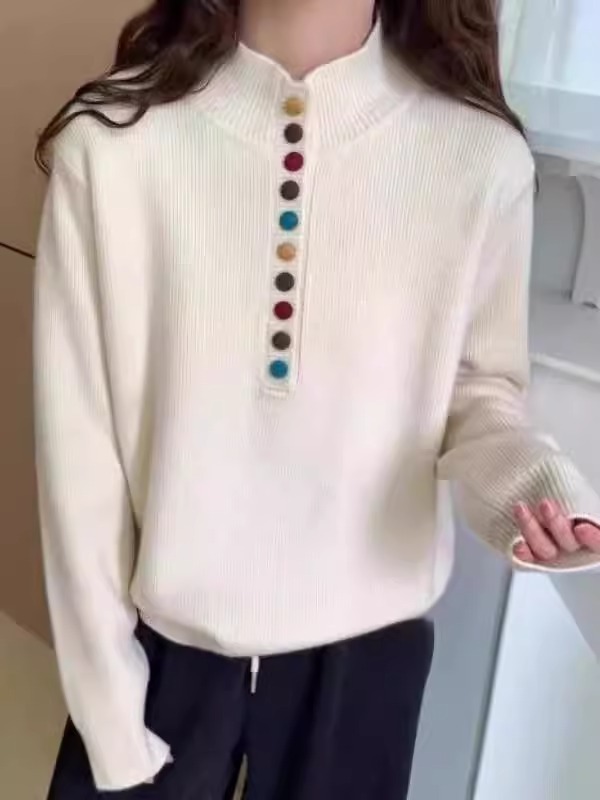 Design colorful button half turtleneck sweater for women autumn and winter 2024 new large size fat mm loose knitted top bottoming shirt