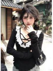 Large size fat mm long-sleeved T-shirt for women in autumn and winter with design lace bottoming shirt top M-4XL