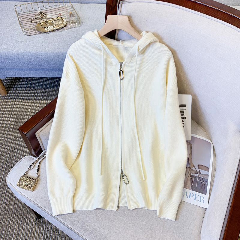 Loose hooded zipper sweater for women 2024 autumn new large size women's fat mm knitted cardigan jacket top