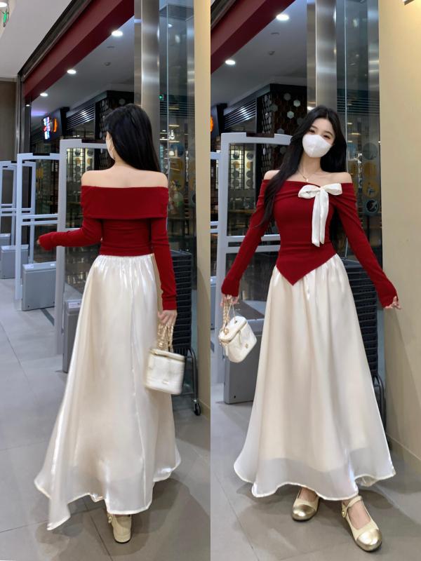Large size sweet suit autumn and winter slim bow off-shoulder knitted top + skirt two-piece set for women