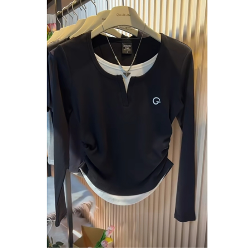 Plus size women's autumn fake two-piece right shoulder long-sleeved T-shirt fat mm covers the belly and looks slimming slim inner layering shirt top