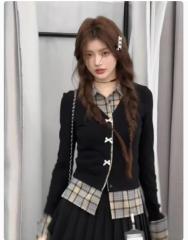 American sweetheart college style jk outfit fake two-piece top for women autumn and winter long-sleeved sweater slim fit inner cardigan