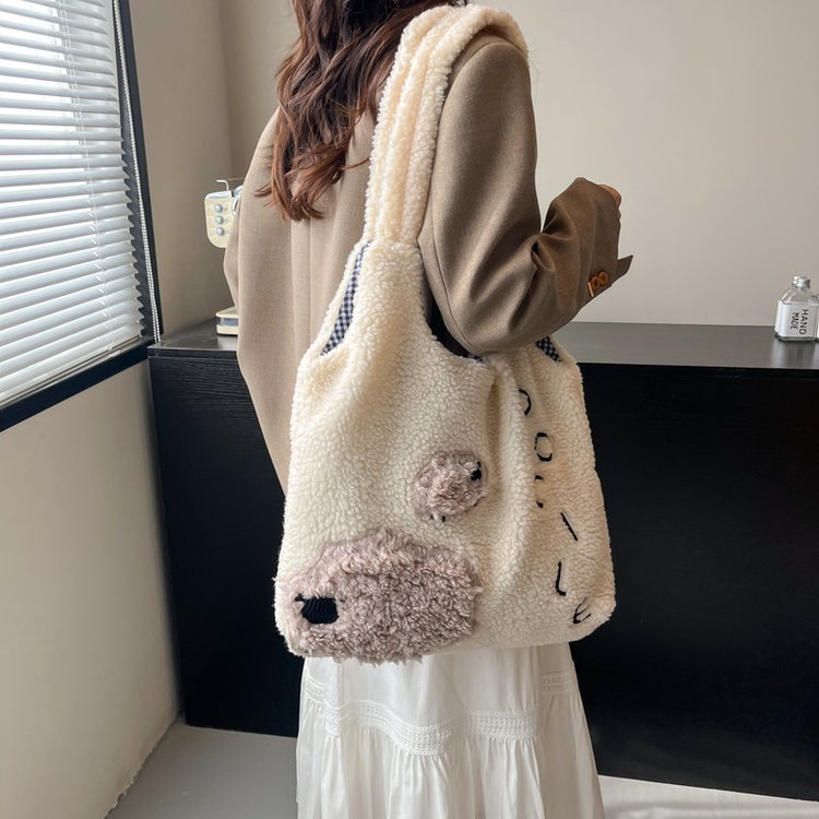 Girly Heart Animal Lamb Cartoon Embroidery Large Capacity Shoulder Bag Lamb Velvet Vest Bag Autumn and Winter New Plush Bag