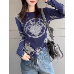 2024 autumn and winter pure cotton printed round neck long-sleeved T-shirt plus size women's fat mm design short bottoming top