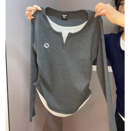 Plus size women's autumn fake two-piece right shoulder long-sleeved T-shirt fat mm covers the belly and looks slimming slim inner layering shirt top