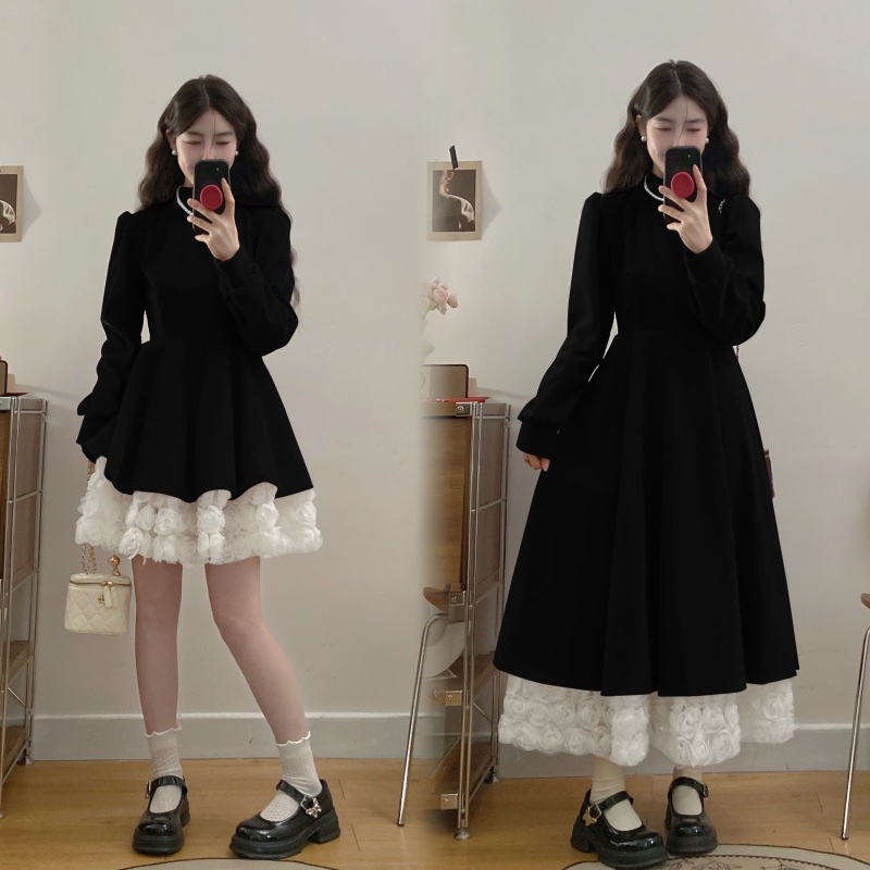 Plus size women's velvet splicing lace solid color treatment slimming long short dress does not include necklace