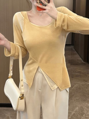 Large size pure desire design fake two-piece long-sleeved sweater T-shirt for women with fat mm early autumn slim inner layering top