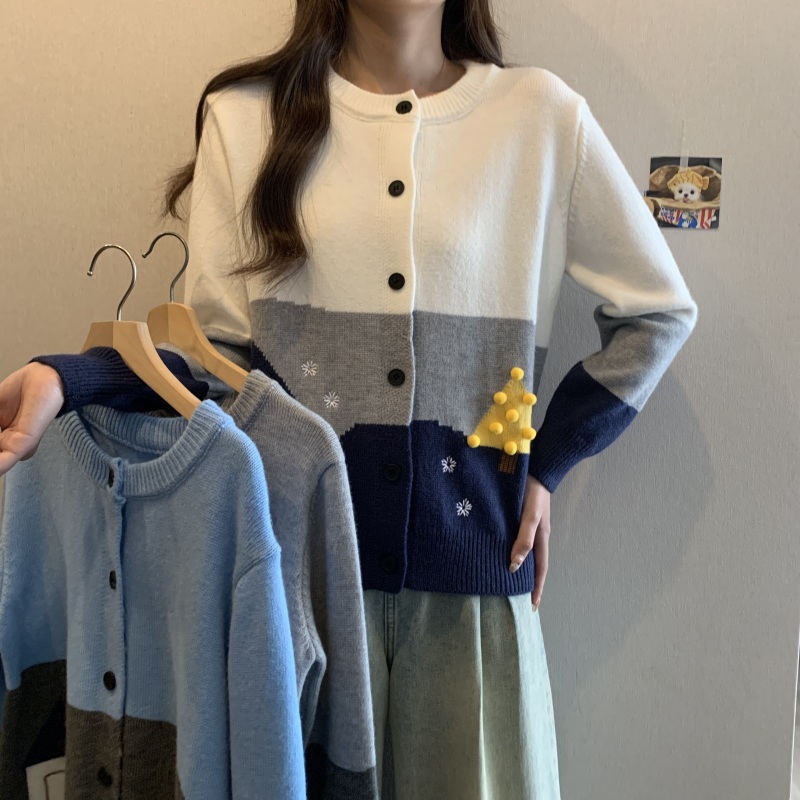 Spot fat MM round neck single-breasted contrasting color small house cardigan women's loose slim sweater jacket