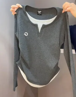 Plus size women's autumn fake two-piece right shoulder long-sleeved T-shirt fat mm covers the belly and looks slimming slim inner layering shirt top