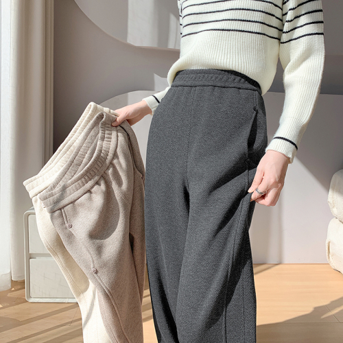 Ready stock plus velvet wide leg pants for women in winter plus size herringbone pattern straight thickened wool narrow version banana pants for women