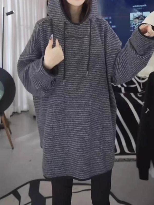 Large size heavyweight striped hooded sweatshirt 2024 autumn and winter new casual loose and versatile mid-length butt-covering top