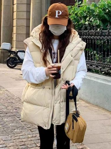 Fashionable down cotton coat, cotton coat and vest for women, 2024 winter loose hooded vest, western style thickened waistcoat