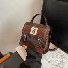 Wool plaid handheld small bag for women 2024 new trendy fashion college style backpack winter retro crossbody bag