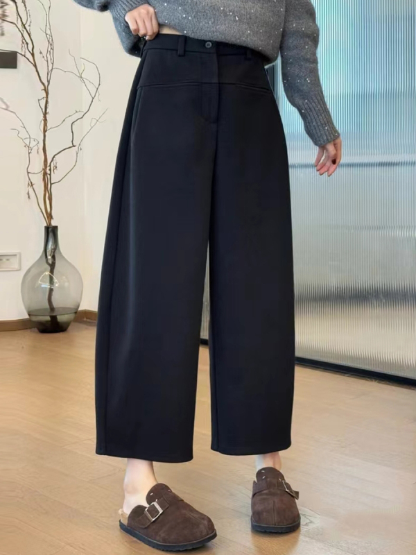 Large size high-waisted thickened pocket wide-leg casual pants for women with autumn and winter fat mm pear-shaped body slimming nine-point harem pants