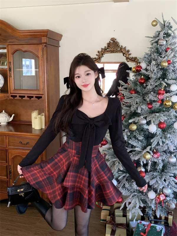 Pure lust style fishbone suit fat mm slim bow bottoming top plaid waist skirt two-piece set