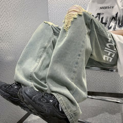 High street ins style retro couple ripped jeans style straight trousers