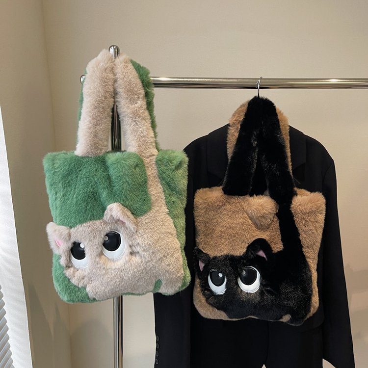 New autumn and winter plush bag for women large capacity creative cat cartoon contrasting color stitching embroidered tote bag handbag