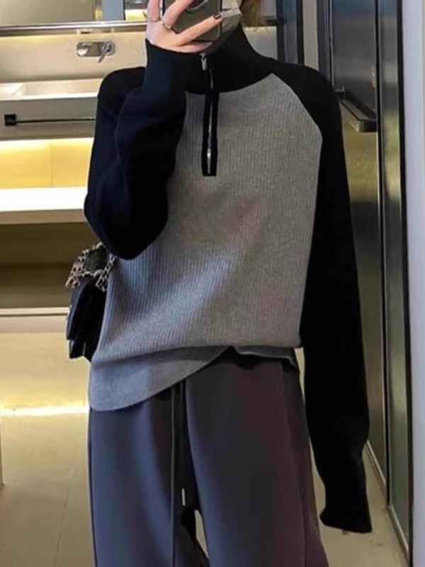 Half turtleneck color-blocked long-sleeved sweater autumn large size fat mm design fashionable casual top for women