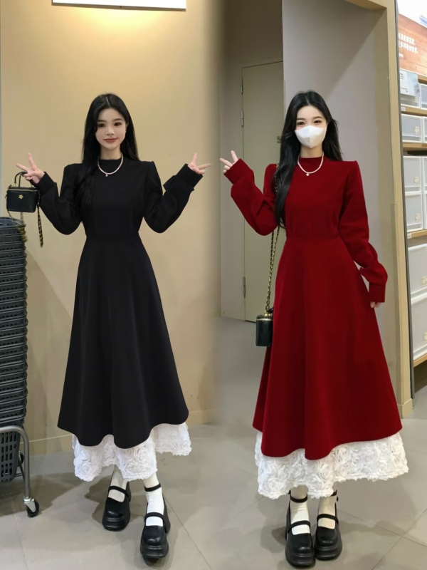 Large size rose velvet splicing dress solid color processing winter waist slimming long short A-line skirt