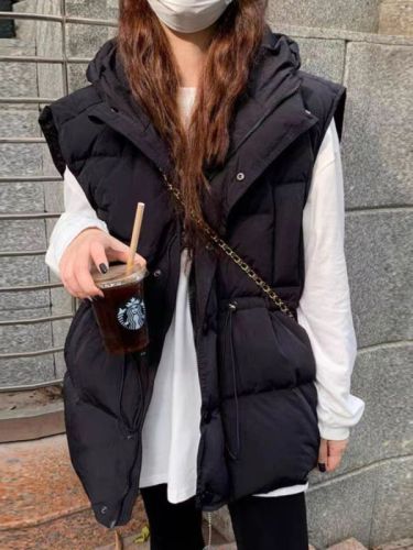 Fashionable down cotton coat, cotton coat and vest for women, 2024 winter loose hooded vest, western style thickened waistcoat