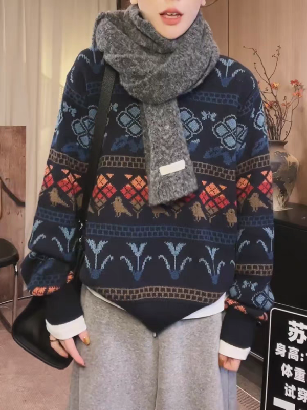 Retro jacquard navy blue sweater for women autumn and winter sweater with bottoming shirt 2024 new style long-sleeved top