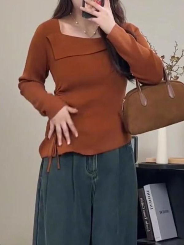 Large size irregular one-shoulder wool sweater top for women in autumn and winter, fat mm slimming drawstring design with inner bottoming shirt