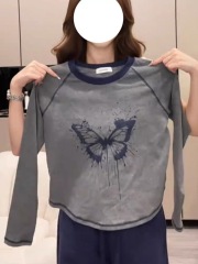 Plus size women's retro raglan long-sleeved T-shirt bottoming shirt autumn new fat MM design fashion slim top