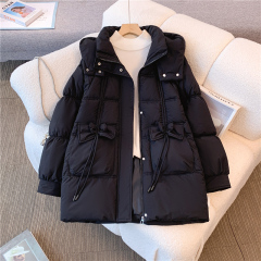 oversize bread coat, down cotton coat, women's winter coat, mid-length thick cotton coat with bow tie design