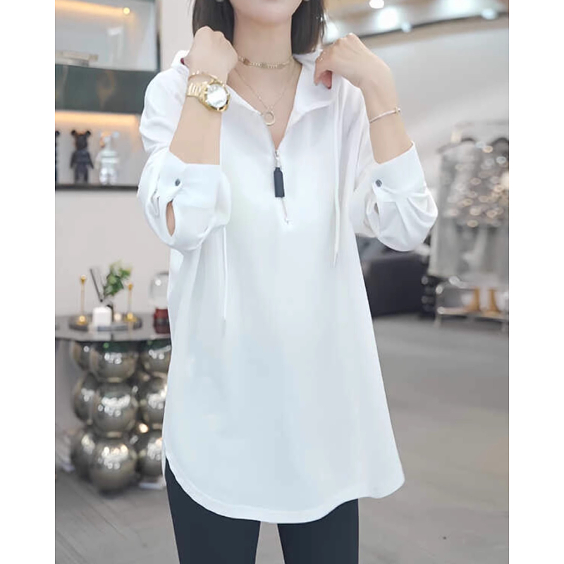 Pure cotton half-zip hooded sweatshirt for women autumn new large size fat mm popular mid-length loose long-sleeved top