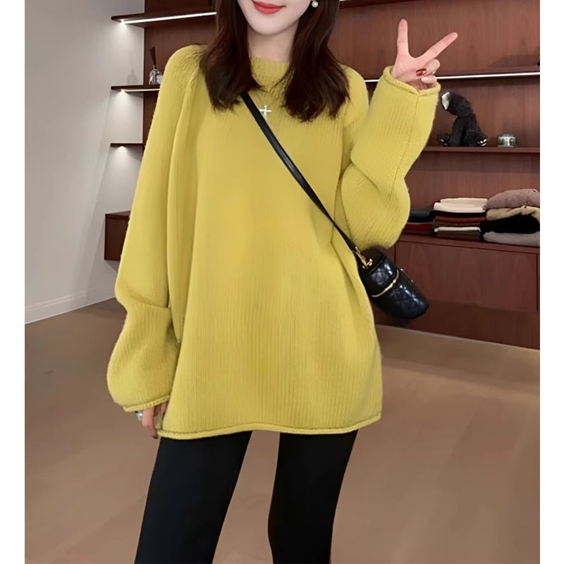 Mid-length loose large version round neck soft waxy sweater for women 2024 autumn large size fat mm high-end knitted sweater top