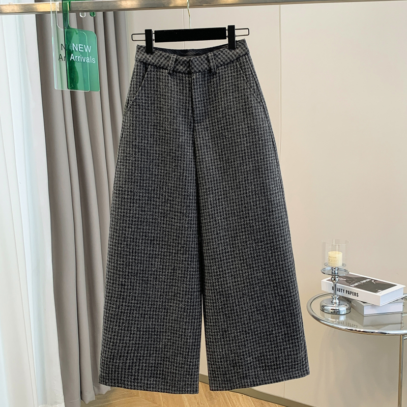 Plus size women's French retro high-waisted straight wide-leg woolen pants for fat MM winter thickened versatile nine-point pants