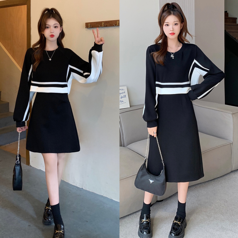 Ready stock plus size women's new style fat girl slimming contrasting color stitching mid-length dress